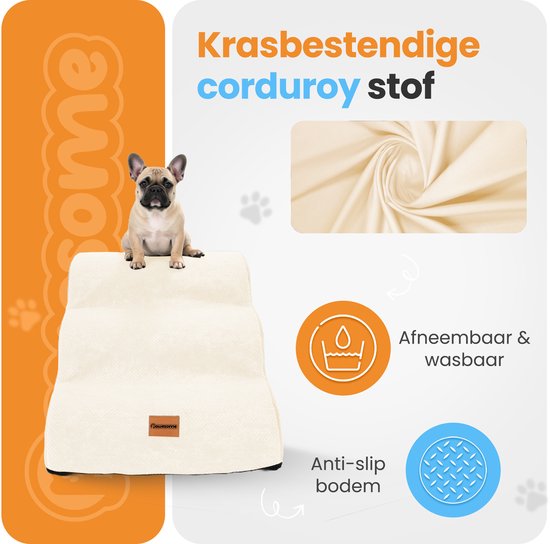 Pawesome - Hondentrapje voor honden - Hondentrap - Honden opstapje - 3 treden - 40 x 60 x 40 - extra stevig en comfortabel - 30D materiaal - Beige