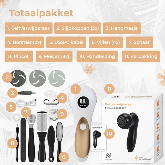 Nuvance Elektrische Eeltverwijderaar - Incl. 3 Schijven - Eeltverwijderaars - 12 Delige Pedicureset - Voetvijl - Usb Oplaadbaar - Wit