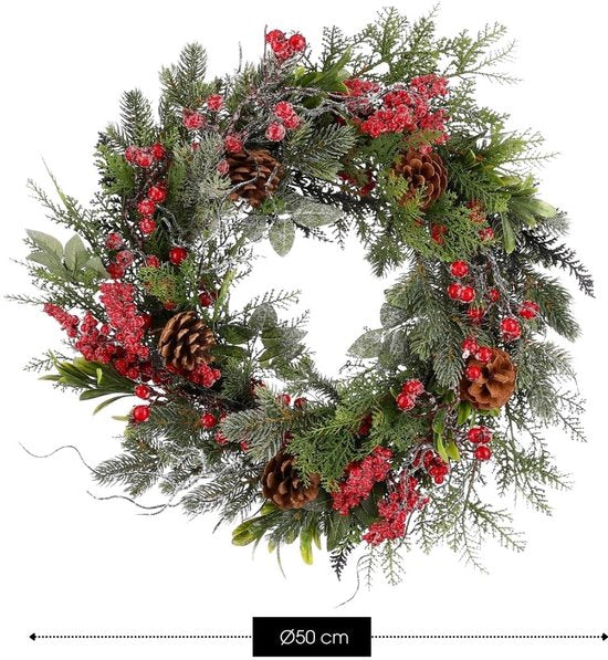 Mica Decorations Randell Kerstkrans - Kerstversiering met besneeuwd effect - Deurkrans eenvoudig op te hangen - Decoratie met besjes en dennenappels - Ø50 cm - Rood