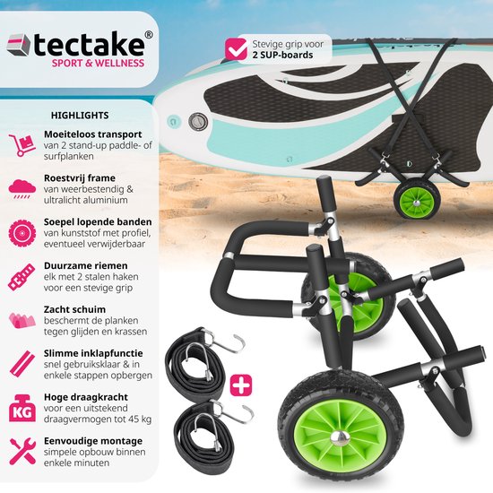 tectake® Transportkar opvouwbaar voor surfplank- voor stand-up paddling board- kanoboot of opblaasbare kajak- trolley - buggy voor SUP- surfplank