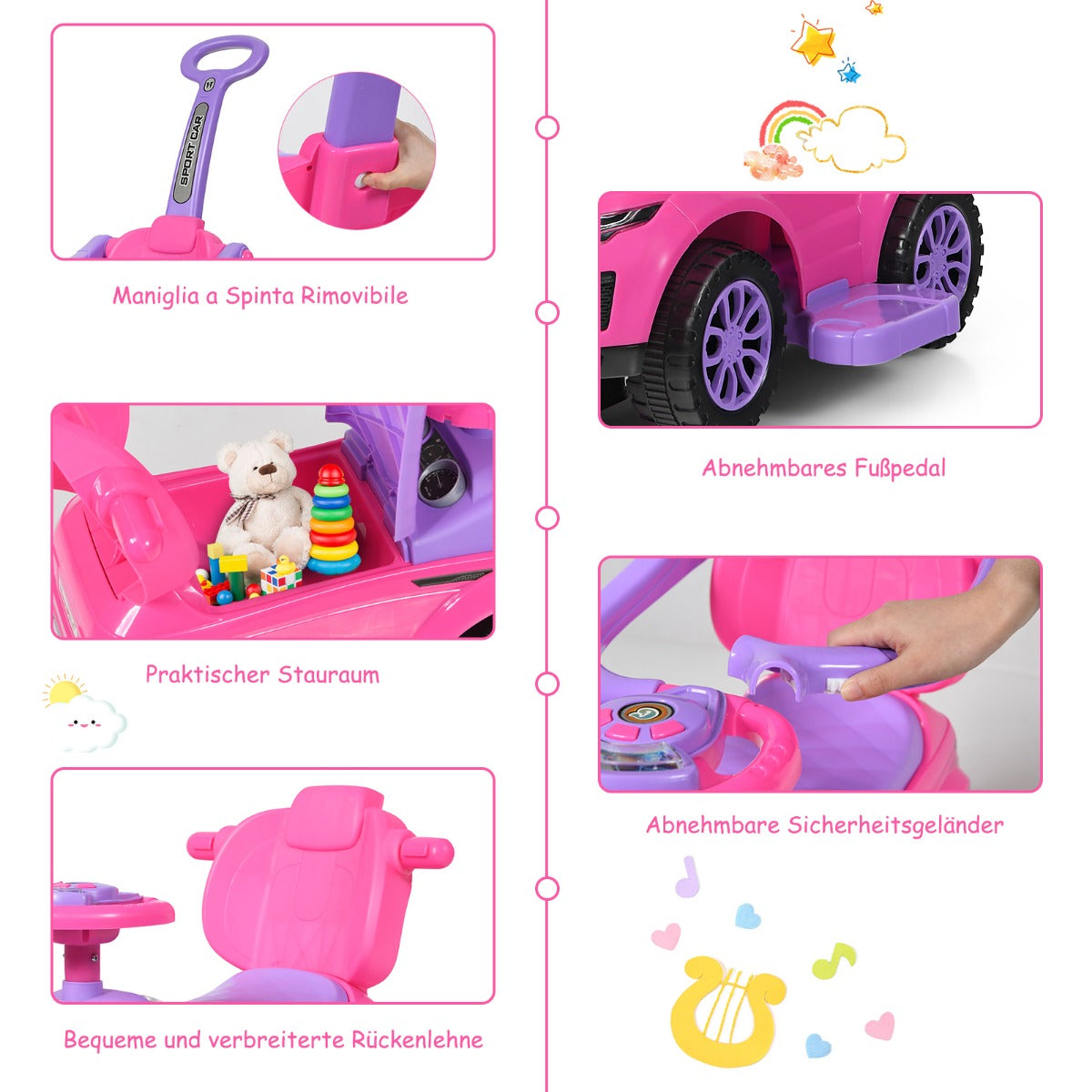 coast 3-in-1 Loopauto - 89×43×84 cm - Roze - Duwauto - Loopwagen