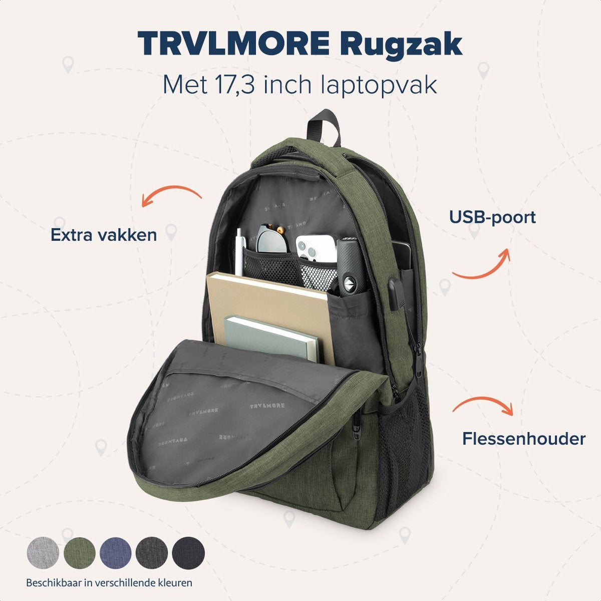 TRVLMORE Rugzak - 36L - 17,3 inch - Laptop Rugtas - Schooltas - Unisex - Spatwaterdicht Groen