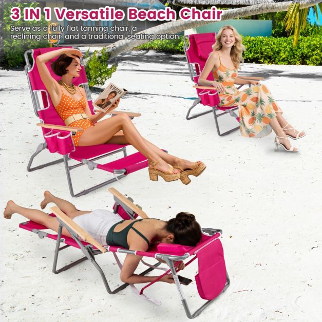 Coast Opvouwbare Strandstoel 66 x 149 x 56 cm - 3-in-1 - Voetsteun/Gezichtsopening - Rozenrood