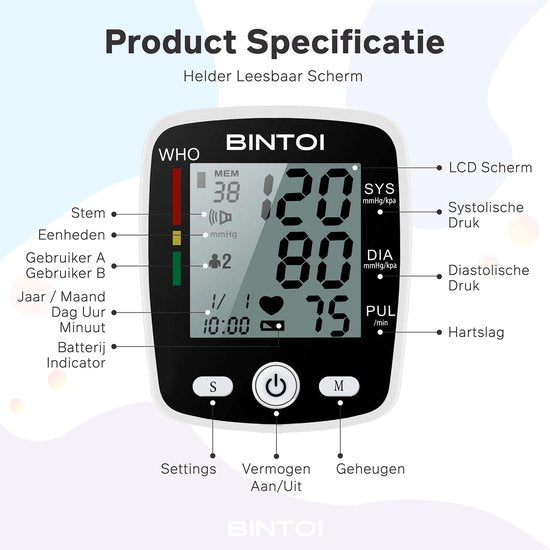 Bintoi® BXE100 - Bloeddrukmeter Pols - Hartslagmeter - USB Oplaadbaar - Incl. Opbergcase - 2 Gebruikers