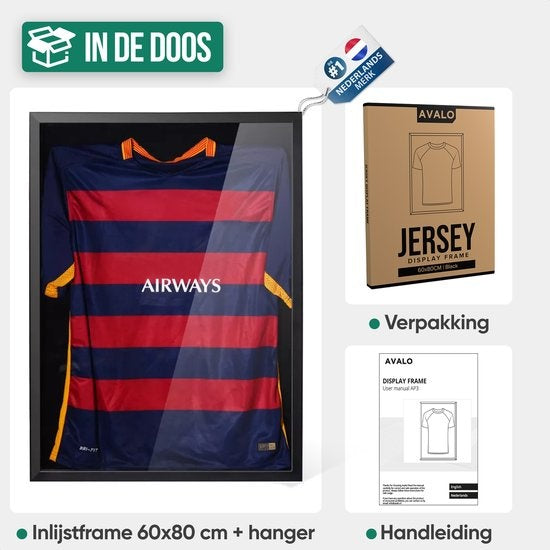 Avalo 3D lijst met glas voor voetbalshirt 60x80 cm zwart