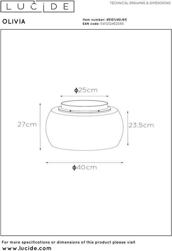 Lucide OLIVIA - Plafonnière (Plafondlamp) - Ø 40 cm - 3xE27 - Fumé