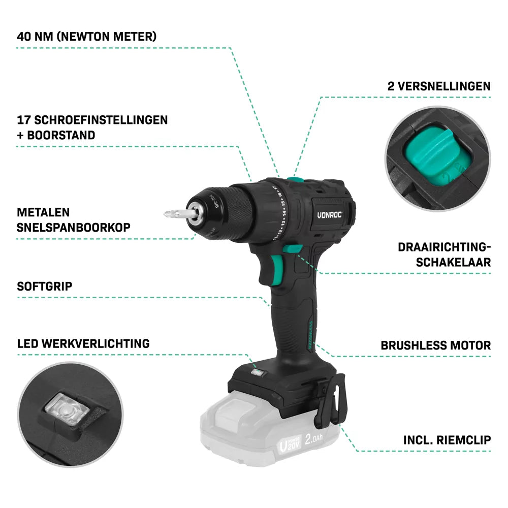 VONROC PRO Accuboormachine 20V – 40 Nm – Brushless motor - 17 schroefstanden + boorstand - Incl. 2 bits - Excl. Accu en snellader