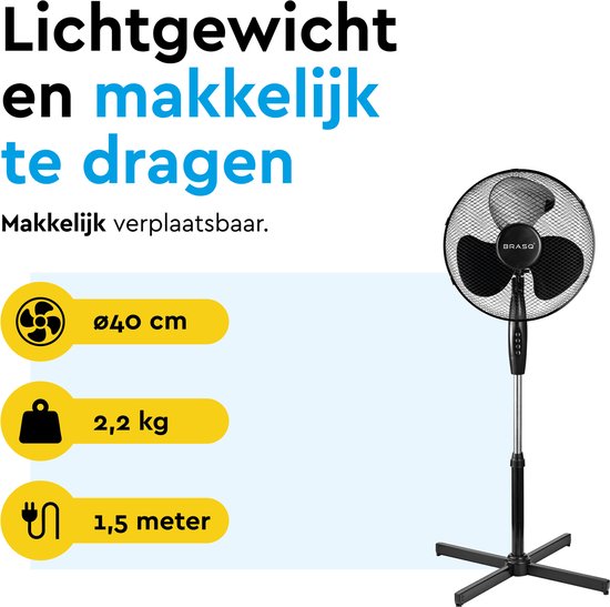 BRASQ Statiefventilator – 40 cm – Zwart - In hoogte verstelbaar – 3 snelheden - 40 Watt
