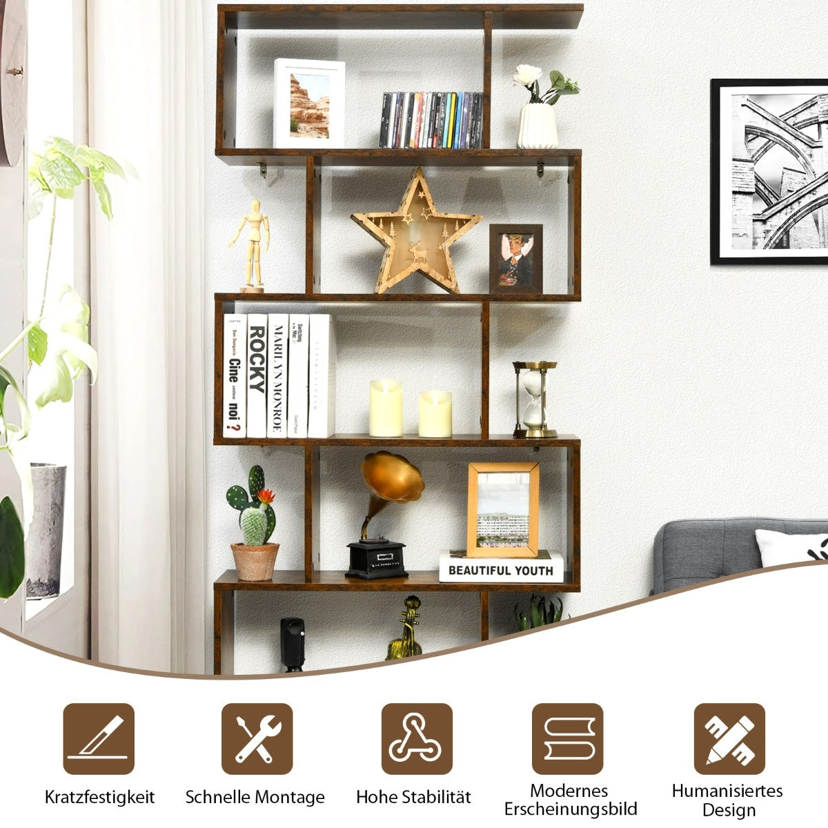 Coast Standregal 6 Level S-Shape BOEKAST BOOKKAST opslagplank hout kleur keuze-bruin