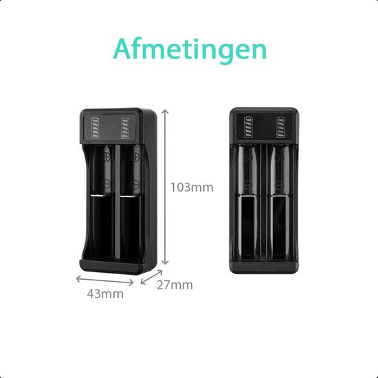 Tech Essentials® 2-Slots Batterijoplader USB-C Met 2x 18650 Oplaadbare Batterijen - 2600mAh 3.6V - 10440/18650 | Li-ion - Flat Top - Houder - Accu - Lithium