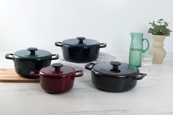 Brabantia The Dutch Oven XL Braadpan / Stoofpan 28cm - Hoge kwaliteit Gietijzer - 100% PFAS Vrij – Dubbele anti-aanbaklaag – RETRO - Inductie geschikt – Night Blue