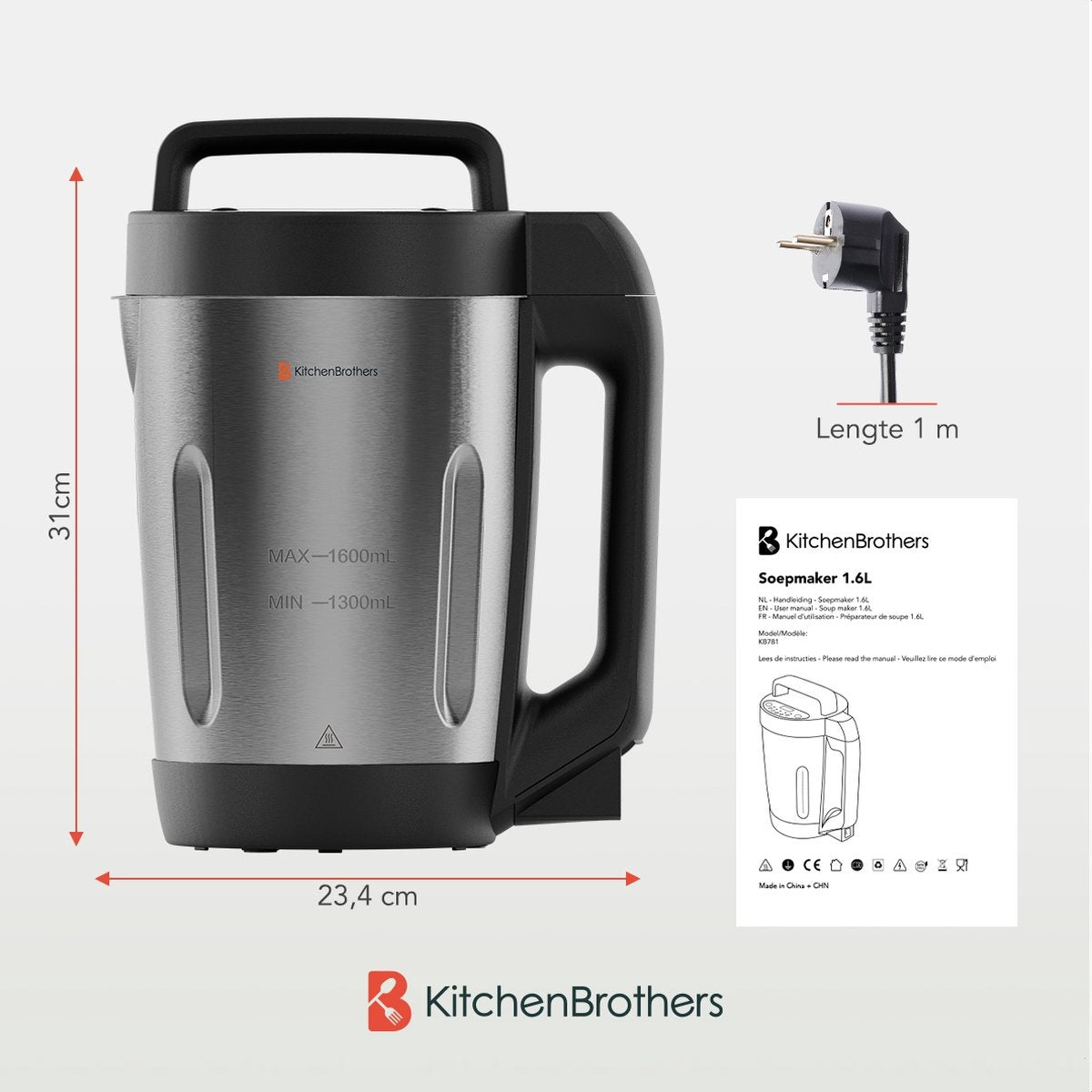 KitchenBrothers Soepmaker - Blender - tot 800W - 1.2L - RVS/Zwart