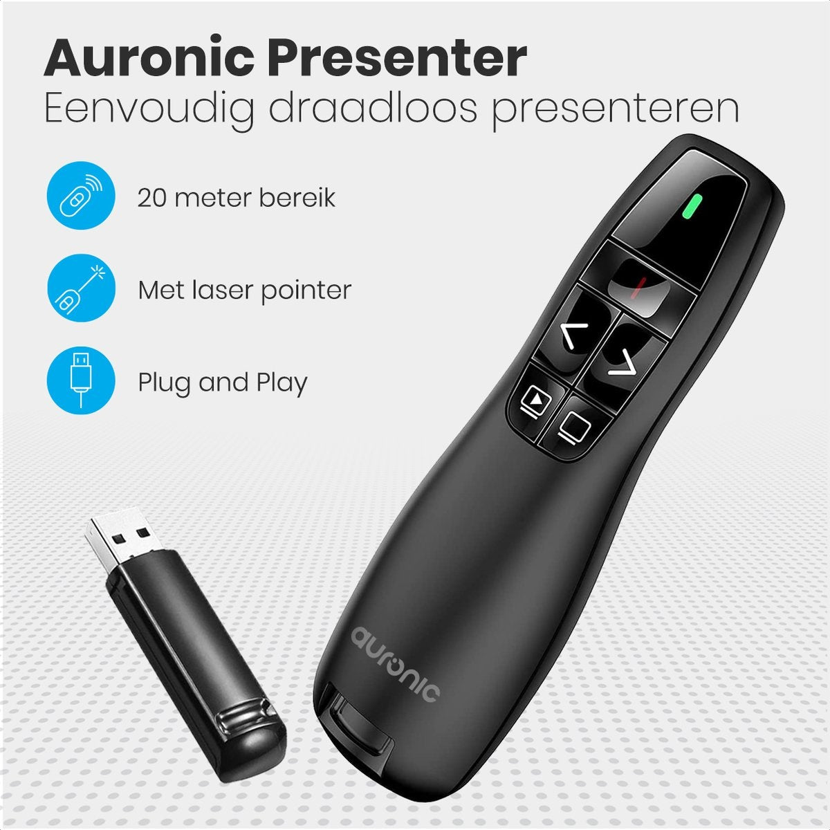 Auronic Presenter - Draadloos - Laser Pointer - Presentatie Klikker - 20 Meter - Incl. Hoes - Zwart