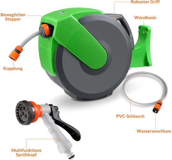 Tuinslanghaspel, 20m slang, waterslanghaspel, automatisch intrekbaar, wandslangbox, tuinslangopbergsysteem