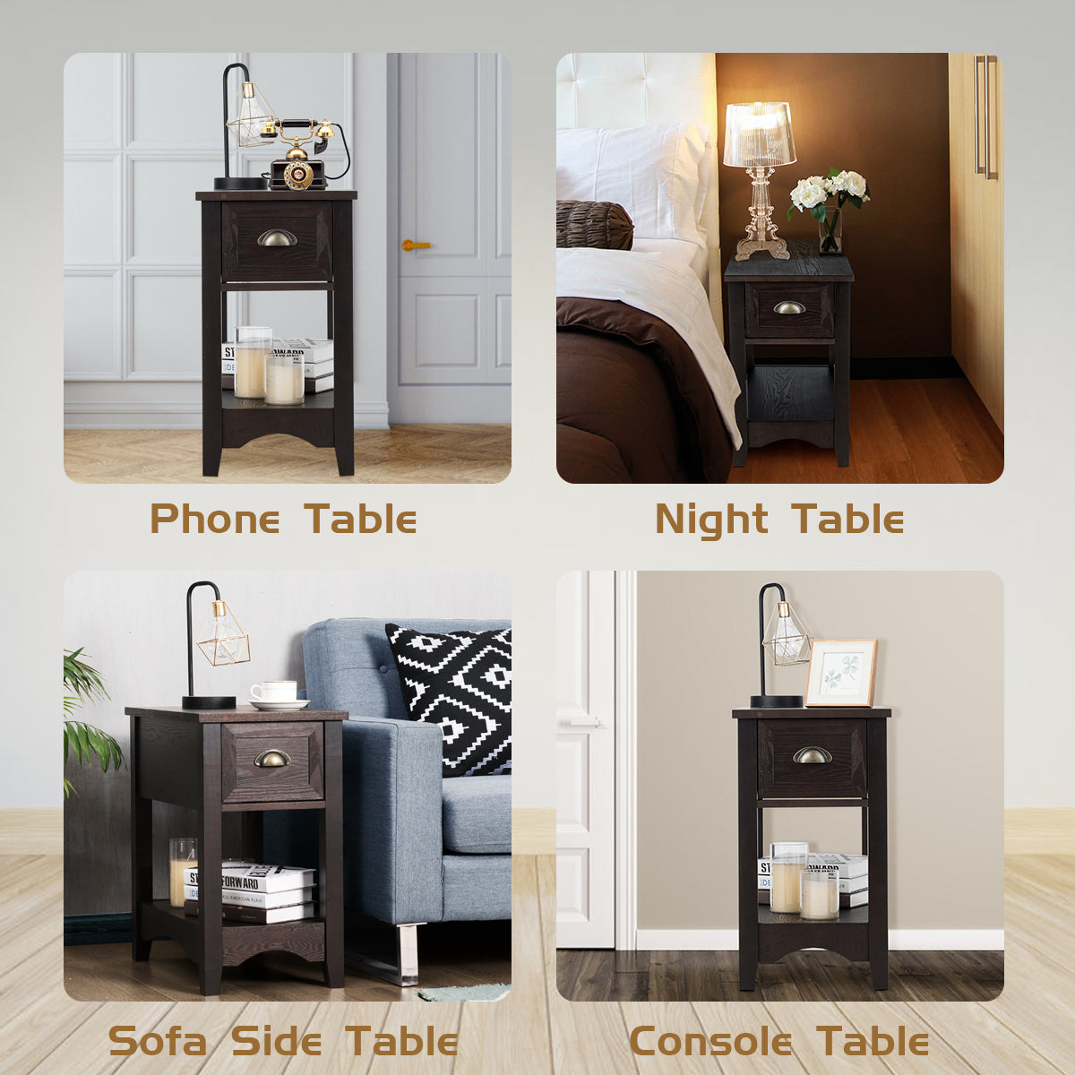 Bijzettafel met Lade en Plank 2 Verdiepingen Tellende Sofatafel Smal Nachtkastje Koffietafel voor Woonkamer Slaapkamer (Walnoot)