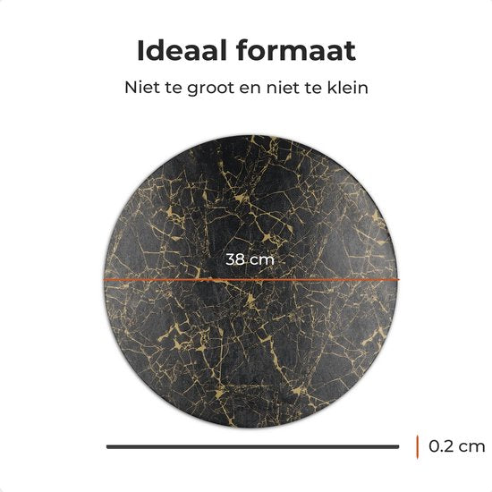 Castagnola Lederlook Placemats - Ronde Placemats - Antislip Placemat van Kunstleer - Waterafstotende Onderlegger - Onderzetter - 6 Stuks - Diameter 38 cm - Zwart/Goud