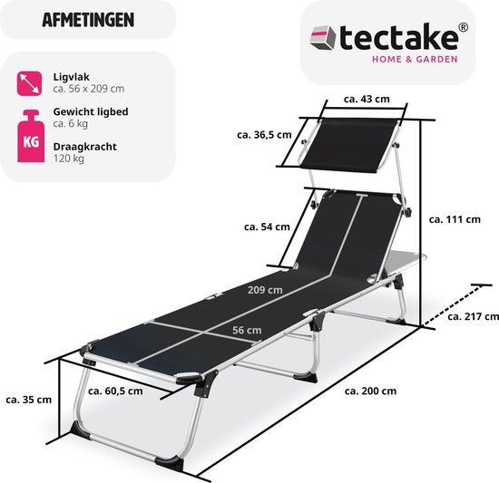 tectake® - Ligstoel ligbed zonnebed Aurelie - incl. verstelbaar zonnedak - zwart