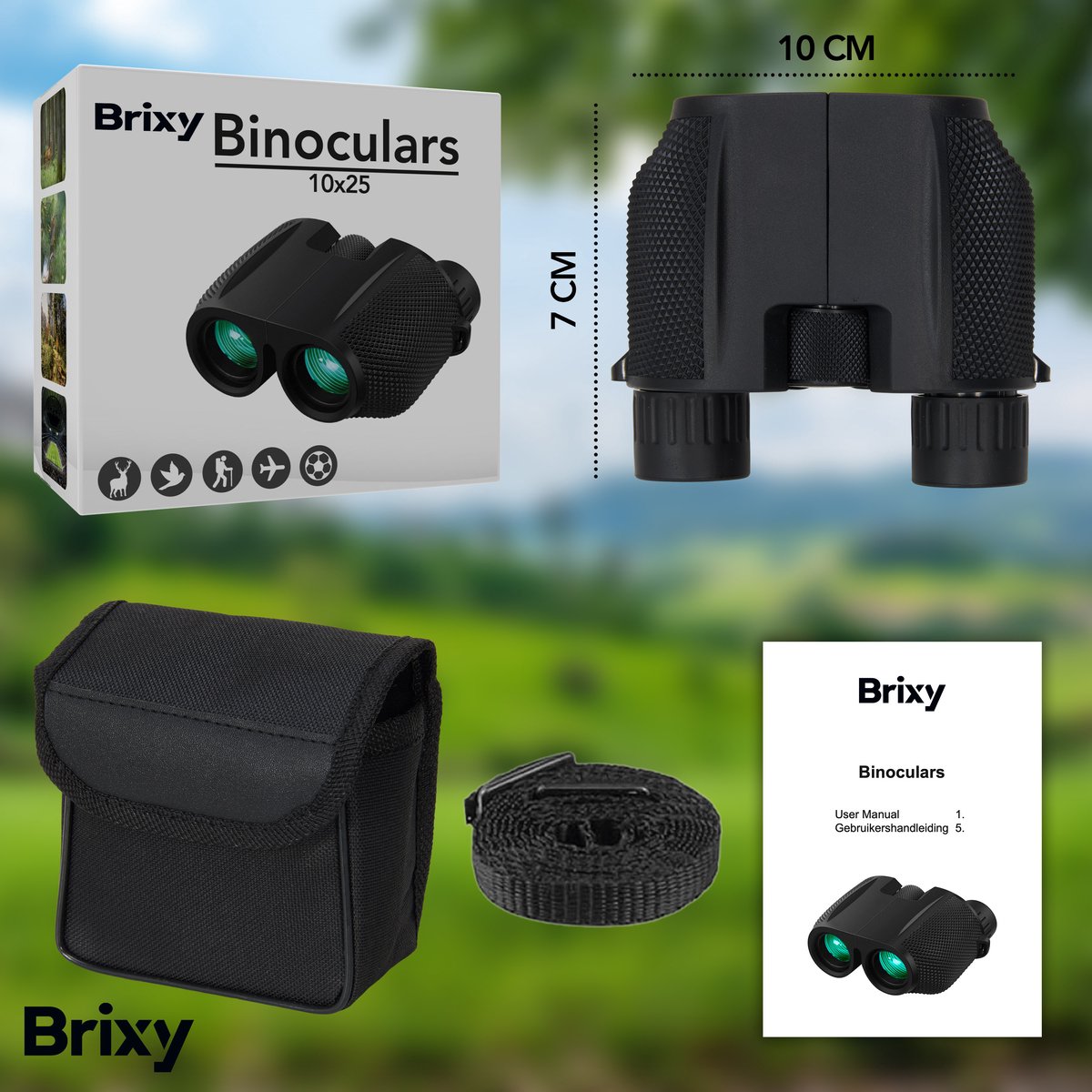 Brixy Verrekijker 10x25 - Compacte Waterdichte Verrekijker met BAK4 Prisma’s en FMC-Lenzen - Inclusief Nekkoord, Draagtas en Schoonmaakdoekje - Zwart - 10x25 mm