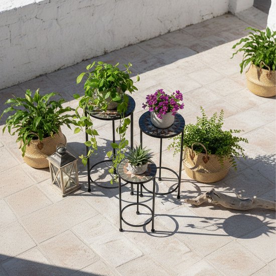 AXI Lola Mozaïek Plantentafel Rond Ster Grijs/bruin - Set 3 stuks – Bijzettafels - Diverse Afmetingen - Mozaïeklook – Ingelegd met keramische tegels – Voor binnen, tuin, terras en balkon