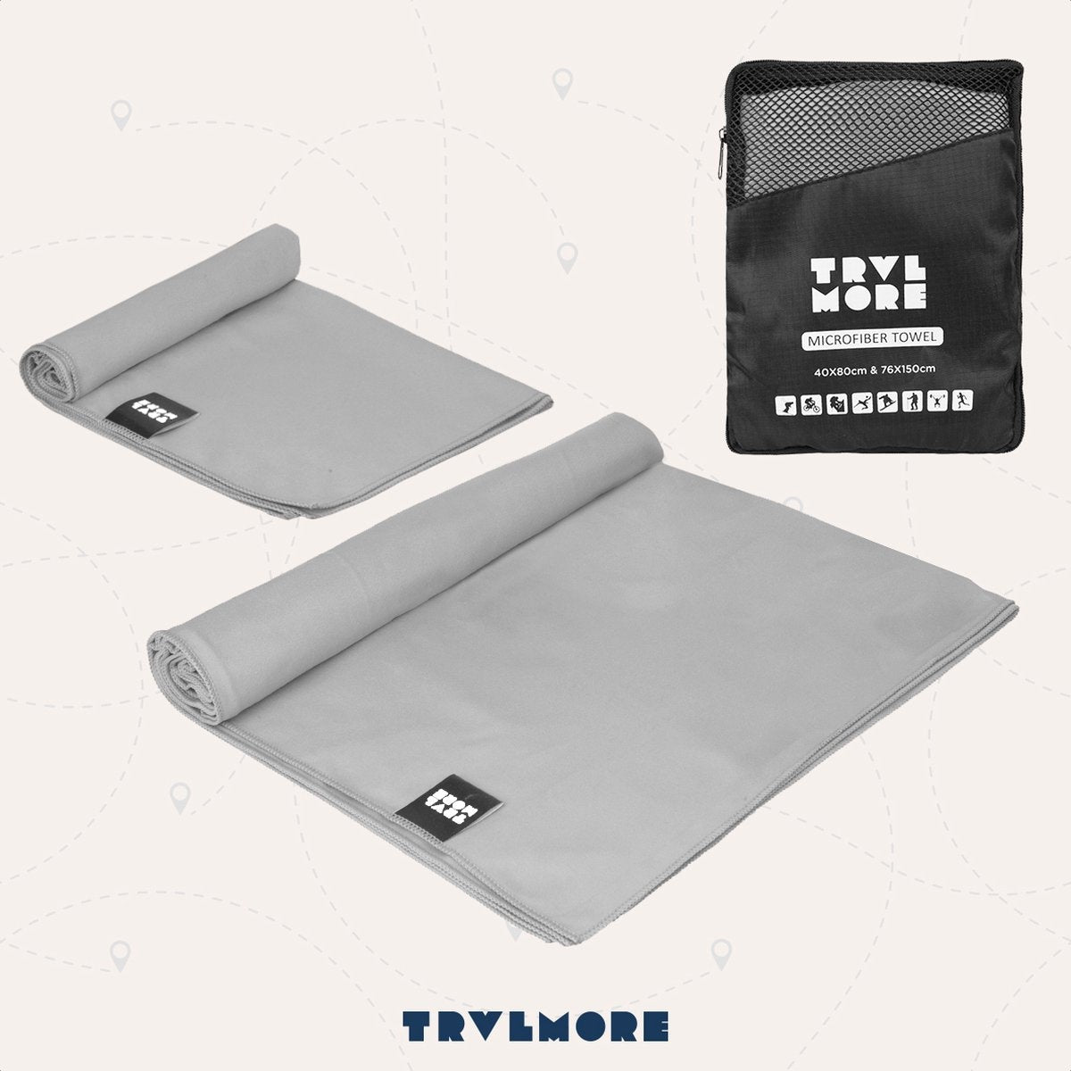 TRVLMORE Microvezel Reishanddoek Set - 2 Stuks - Small (40 x 80 cm) & Large (76 x 150 cm) - Microvezel - Grijs