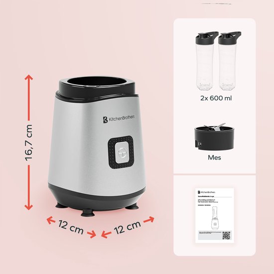 KitchenBrothers Mini Blender - Blender to Go - Smoothie Maker - 2 To-Go Bekers 600 ml - RVS