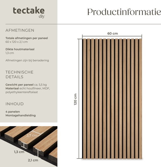 tectake® Set van 4 akoestische panelen Sonic Wall - Geluidsabsorberend paneel - Geluidsdemping - Akoestisch wandpaneel - 120x60x2,1cm - Akoestische wanddecoratie - Licht eiken