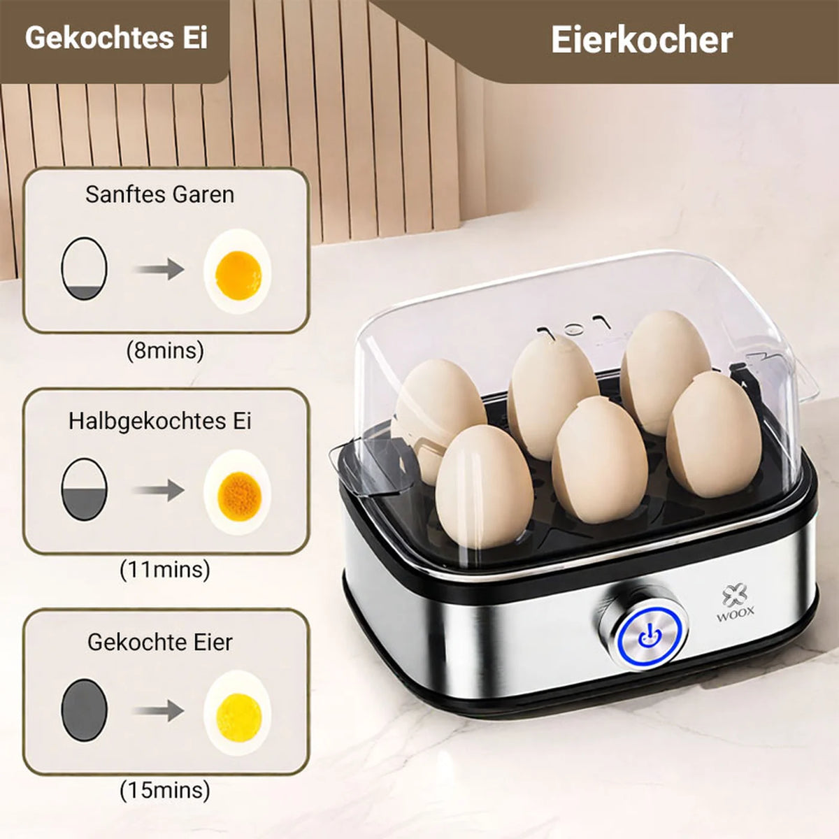 WOOX Elektrische Eierkoker - 6 Eieren - 300 W - Automatische Uitschakeling - Met Maatbeker - RVS