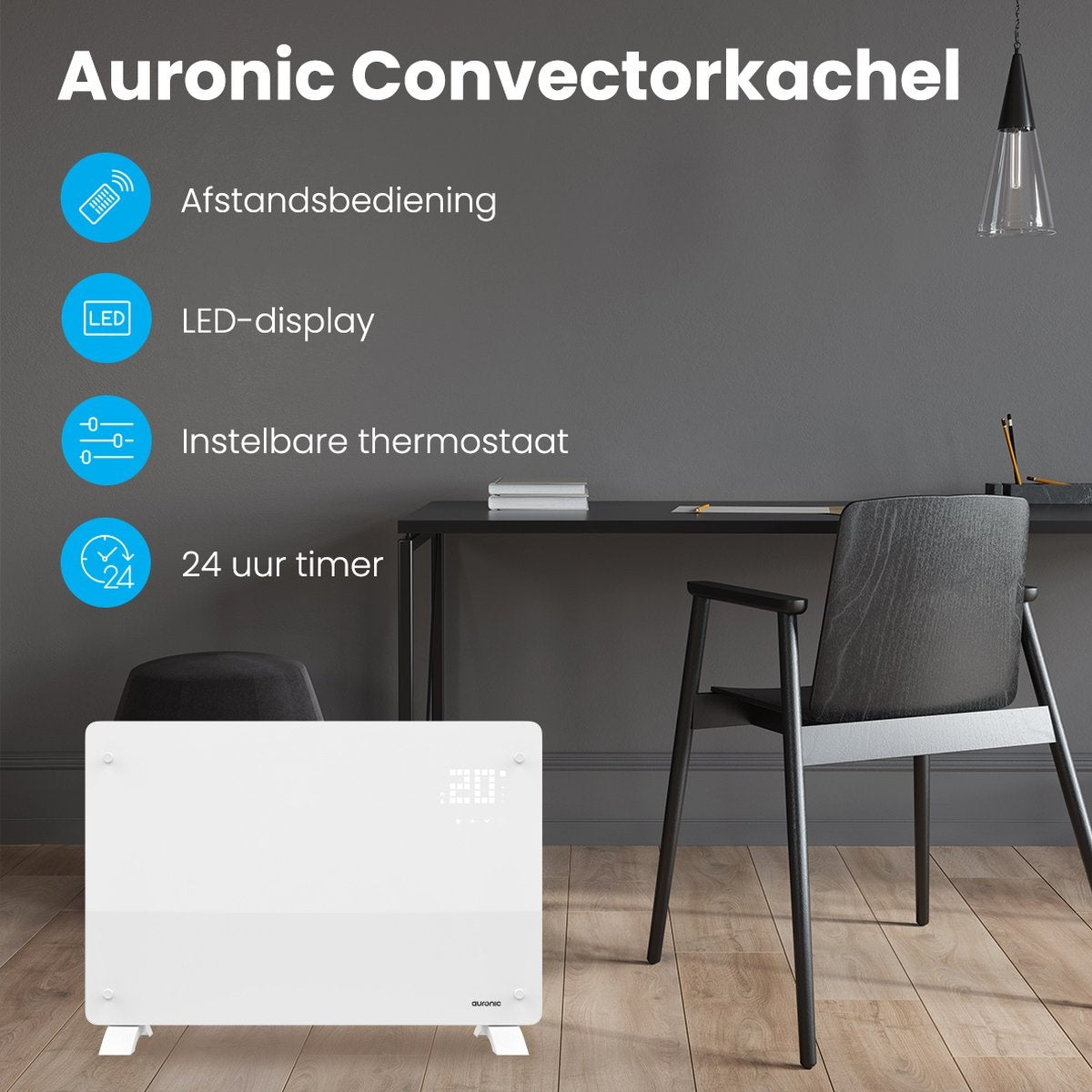 Auronic Elektrische Kachel Convectorkachel met Thermostaat en Afstandsbediening - Paneelverwarming -tot 22 m2 - 2000W Heater - Wit