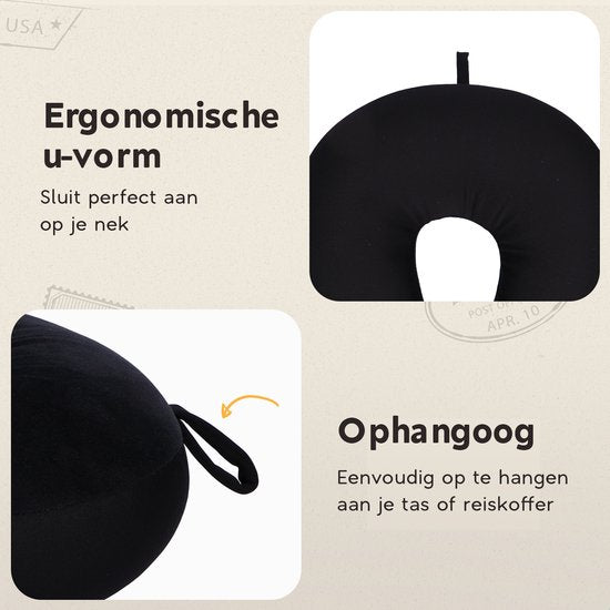 TRAVARA Nekkussen The Snuggo - Microbeads Reiskussen Voor Vliegtuig - Auto Kussen - Travel Pillow - Zwart