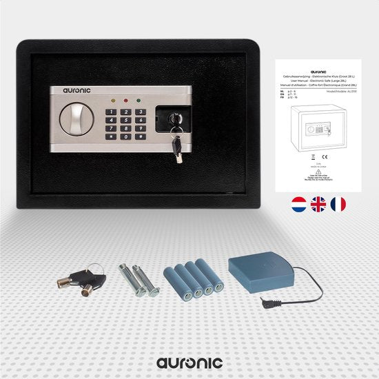 Auronic Elektronische Kluis - Cijferslot - Sleutel - Muurbevestiging - 4,3cm Deur - 130dB Alarm - 28L - 30x38x30cm - 10KG - Staal - Zwart