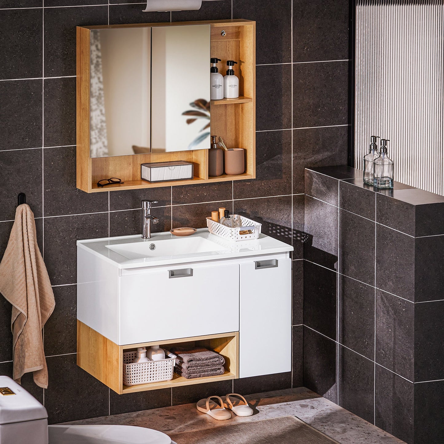 SoBuy BZR178-WN Wastafelonderkast met wastafel – 80x54x46 cm – Wit/Naturel – Smal badkamermeubel