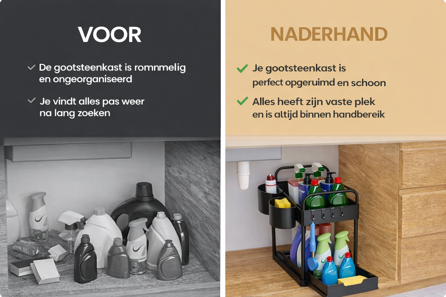 HELDENWERK - Wastafelonderkast Organizer & Keukenorganizer - 2 Stuks - Zwart ABS Kunststof - Uittrekbaar met 2 Niveaus - Voor Keuken & Badkamer - Inclusief Haken & Bakjes - Maximale Opbergruimte