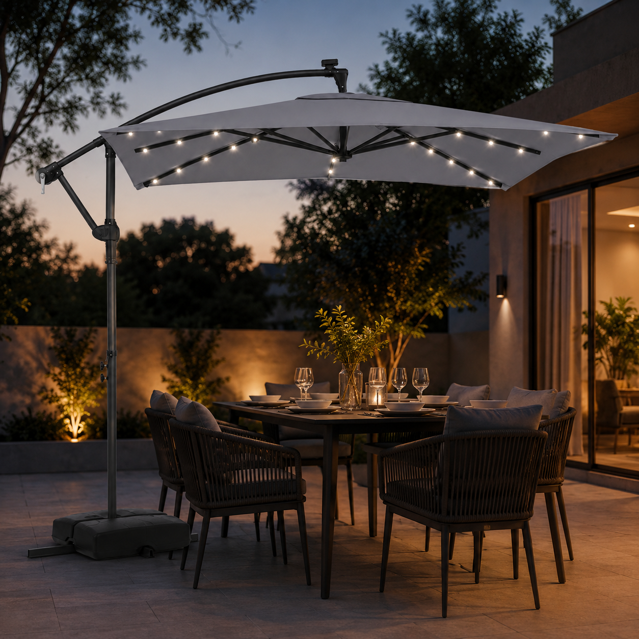 Coast Zweefparasol Grijs – 360° Draaibare Tuinparasol met LED, Slinger en Zandzakken – 250 x 250 x 240 cm