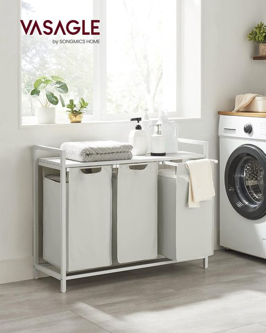 VASAGLE - Wasmand, mand voor vuile was, met 3 vakken en 3 verwijderbare zakken van Oxford-stof, werkblad, metalen frame - 3 x 38 liter, 92,5 x 33 x 72 cm, wit BLH301W01