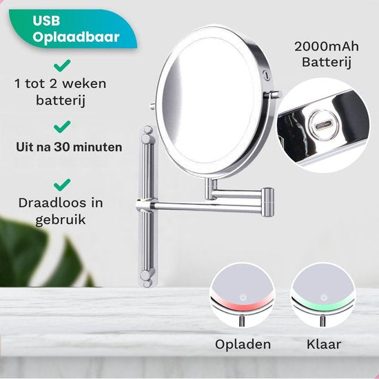 Mirlux Make Up Spiegel met Led Verlichting - Oplaadbaar - 7X Vergroting - Vergrootspiegel met Licht - Scheerspiegel - Badkamerspiegel - Chroom