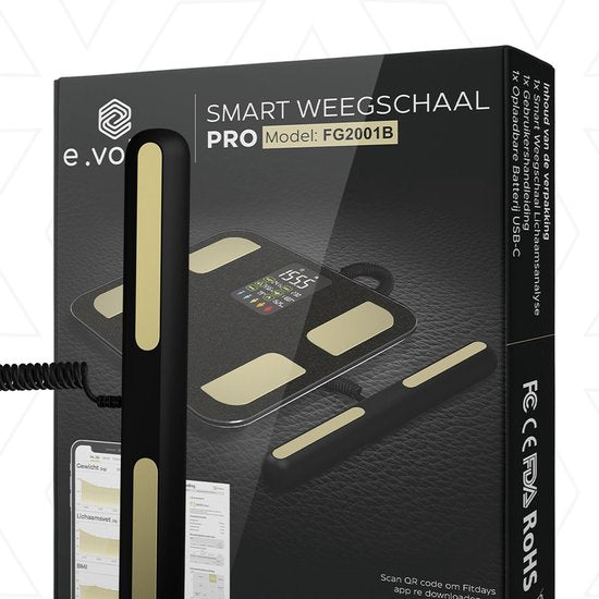 e.volve Weegschaal Personenweegschaal Digitaal - Zwart - Slimme Weegschaal met 27x Lichaamsanalyse o.a. Vetpercentage - Incl. App