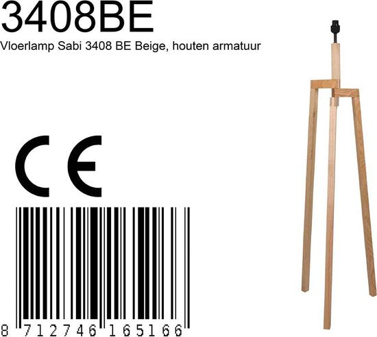 Vloerlamp Sabi 3408BE - Houten lamp zonder kap met E27 fitting, 144 cm hoog, in hoogte verstelbaar - Mexlite