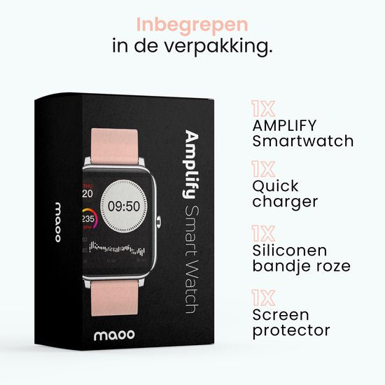 MAOO Amplify Smartwatch – Incl. Screenprotector – Hartslag, Bloeddruk & Bloedsaturatie – Slaapmonitor – Stappenteller – Afstandsmeting – Waterproof – Smartwatch Dames – iOS & Android – Roze