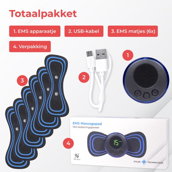 Nuvance - EMS Massage Apparaat met Bediening - 6 Herbruikbare Massage Matjes - Stimuleert Bloedsomloop - Geschikt voor Rug, Armen en Benen - Draadloos - 8 Standen en 19 Intensiteiten - Zwart/Blauw