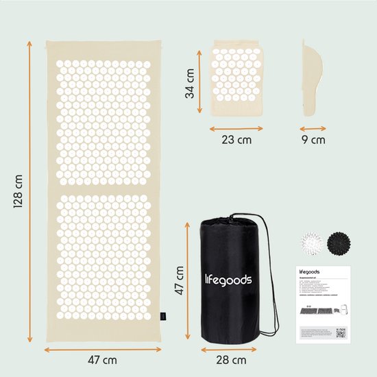 LifeGoods Acupressuur Mat XL - met Kussen - Shakti mat - Spijkermat Incl. 2x Triggerpoint Bal - 128x48x2cm - Beige/Wit