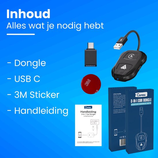 CarMe Luxe 2-in-1 Autodongle - Draadloos CarPlay & Android Auto - 2024 Model - Zwart