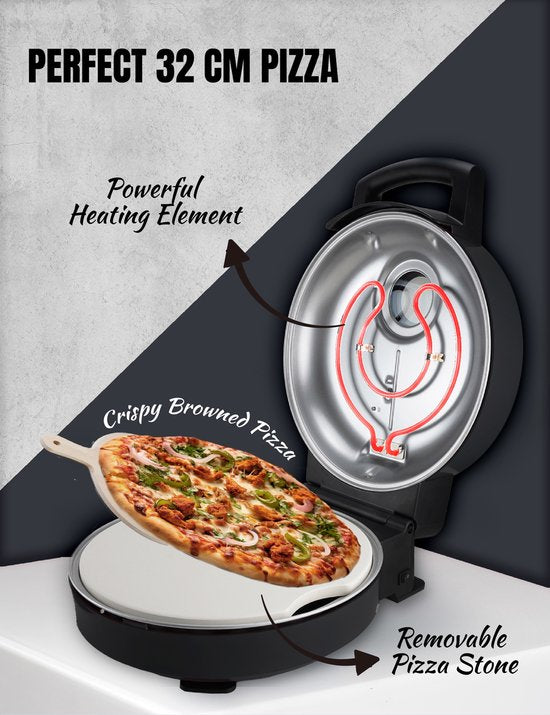 Bestron Turbo Pizzaoven voor pizza's in 5-10 minuten, elektrische pizzaoven met echte maximumtemperatuur van 320°C, inclusief pizzasteen en 2 grote houten spatels, Black Label, kleur: Matzwart