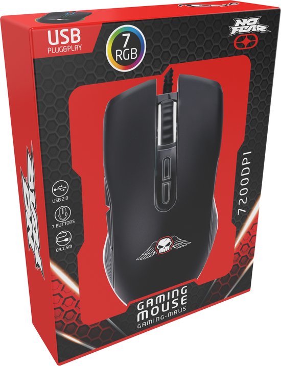 No Fear Gaming Muis - 7200dpi - RGB Muis met LED-Verlichting - 1.5M Kabel - USB 2.0 Aansluiting - Zwart
