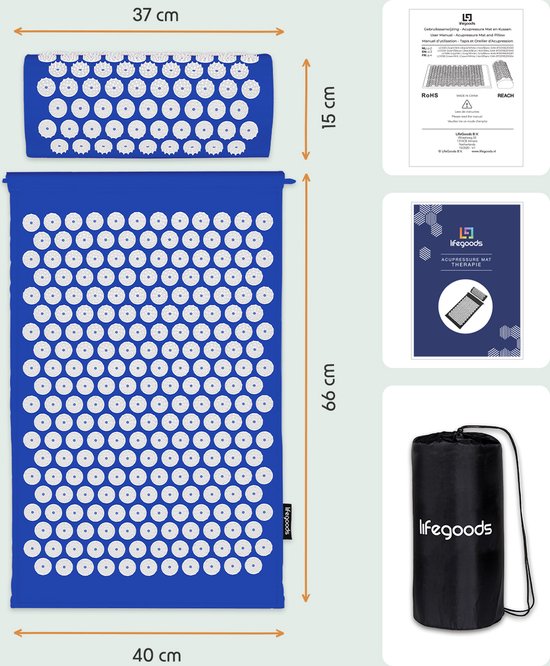 LifeGoods Acupressuur Mat met Kussen - Shakti mat - Spijkermat Incl. 2x Triggerpoint Bal - 66x40x2cm - Blauw/Wit