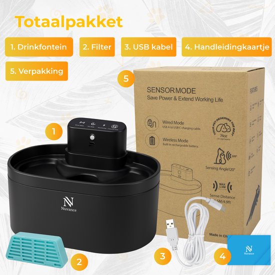 Nuvance Drinkfontein Kat - 2.2L Waterfontein - met Sensor - Incl. Filter - Stille Kattenfontein Automatisch - Draadloos