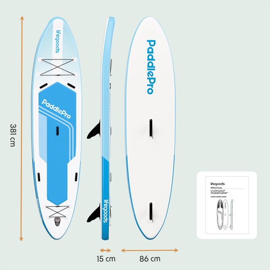 LifeGoods SUP Board Tandem - 2 Personen - 220 KG Draagkracht - 381 x 86 cm - Opblaasbaar - Compleet Sup pakket - Sky Blue