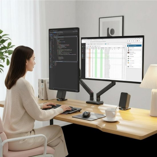 Skoov Monitorarm met gasveer - Voor 13-32 Inch - 2 schermen - Beugel - Monitor - Standaard - Houder - Steun - Extra stabiel - Zwart
