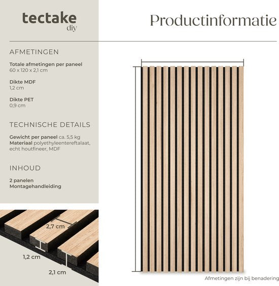 tectake® Akoestische Panelen - Set van 2 - Akoestisch Wandpaneel - 60 x 120 cm - 1,44 m² - Wandpanelen met Aanpasbare Grootte - Lattenwand van MDF en Houtfineer - Geluidsisolatie - Stijlvolle Wanddecoratie - Eenvoudige Montage - Licht Eiken