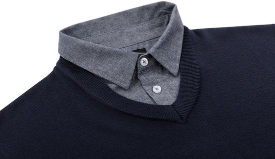 Milanoro - Herenpullover met overhemdkraag - Navy - XXL
