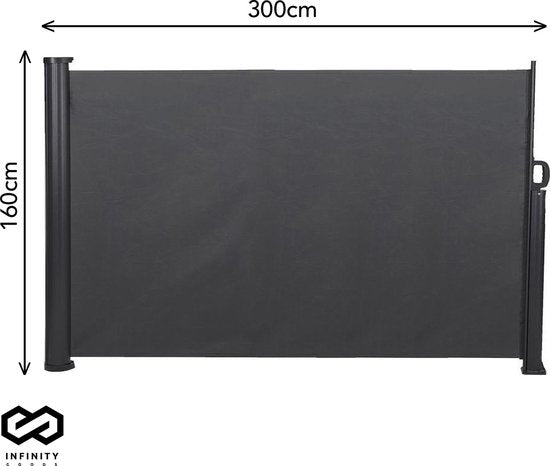 Infinity Goods Verstelbaar Windscherm – 300 x 160 cm – Uitrekbaar – Inrolbaar – Zonnewering – Buitenruimtes, Strand, Patio, Balkon, Camping - Beschutting – Zijkant Luifel – Weerbestendig - Antraciet